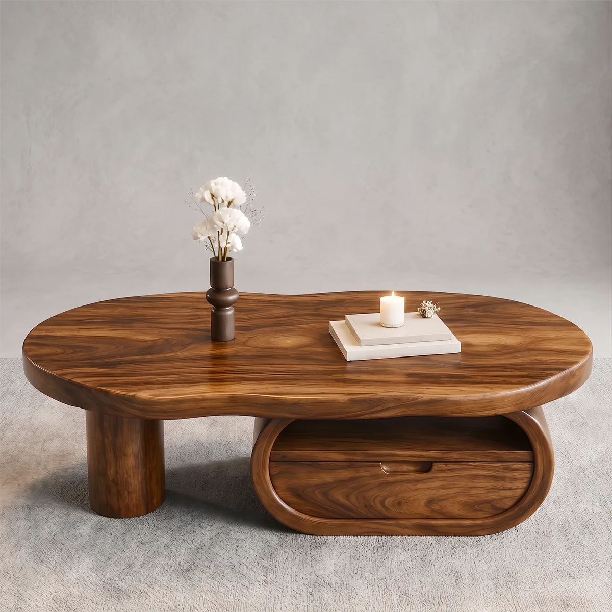 Organic Wood Coffee Table with Drawer and Open Shelf | Sculptural Oval Living Room Center Table