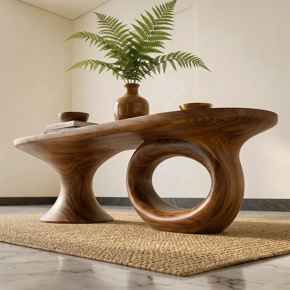 Sculptural Wood Coffee Table with Asymmetrical Pedestal Legs | Organic Modern Oval Center Table