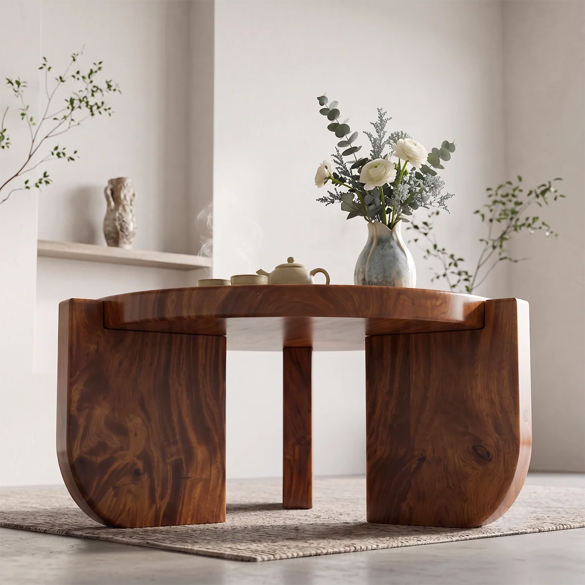 Modern Round Coffee Table with 3 Sculptural Panel Legs | Organic Contemporary Living Room Table
