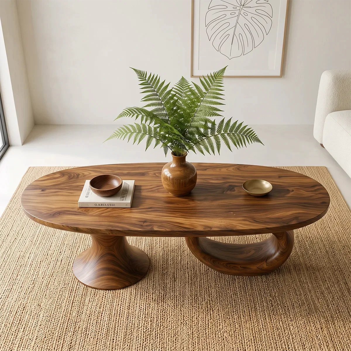 Sculptural Wood Coffee Table with Asymmetrical Pedestal Legs | Organic Modern Oval Center Table