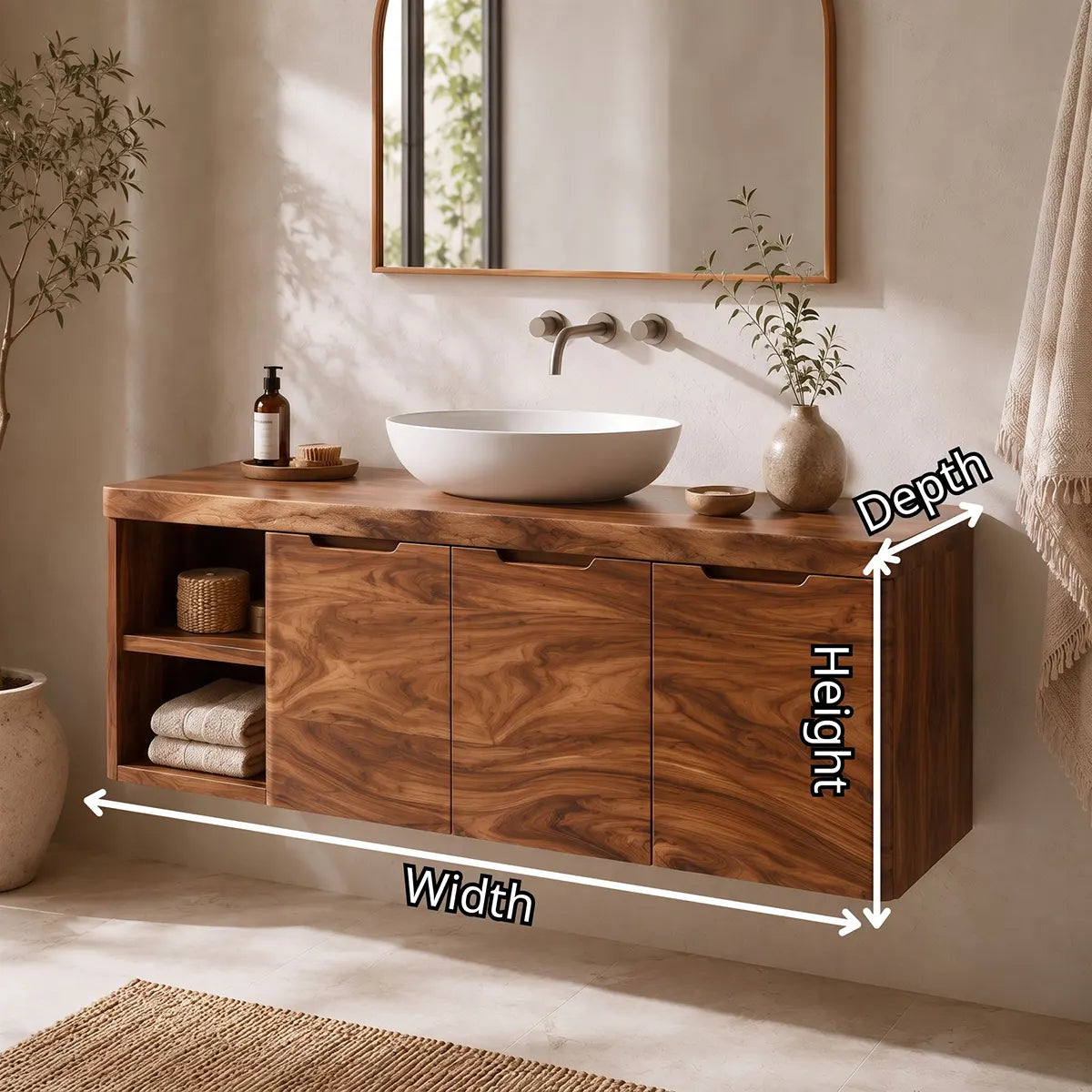 Floating Solid Wood Bathroom Vanity with Open Shelves & Hinged Cabinets | Wall Mounted Bathroom Vanity with Double-Door Storage TT006-4CCT8FL