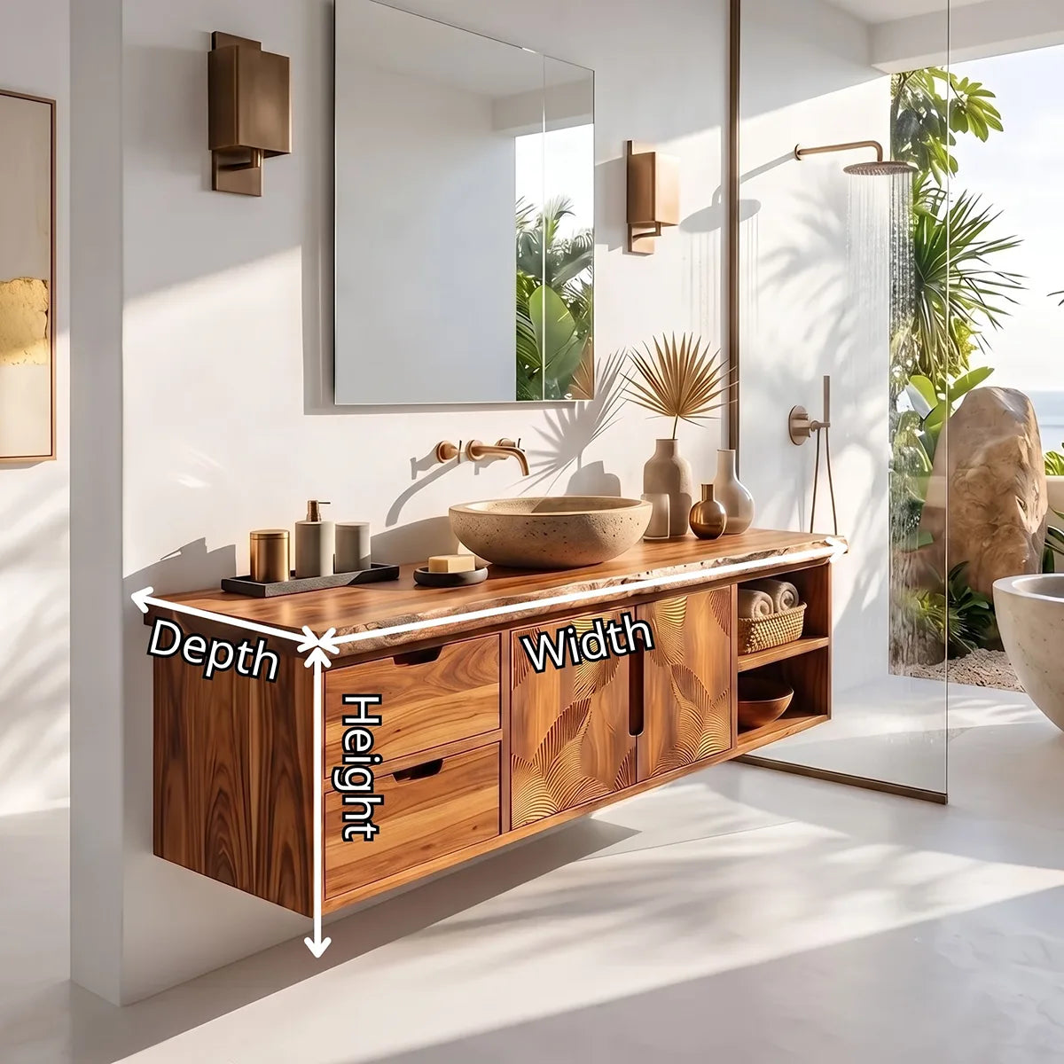Floating Solid Wood Bathroom Vanity | Modern Bathroom Vanity with Drawers, Cabinet and Open Shelf TT006-6VOS2CB