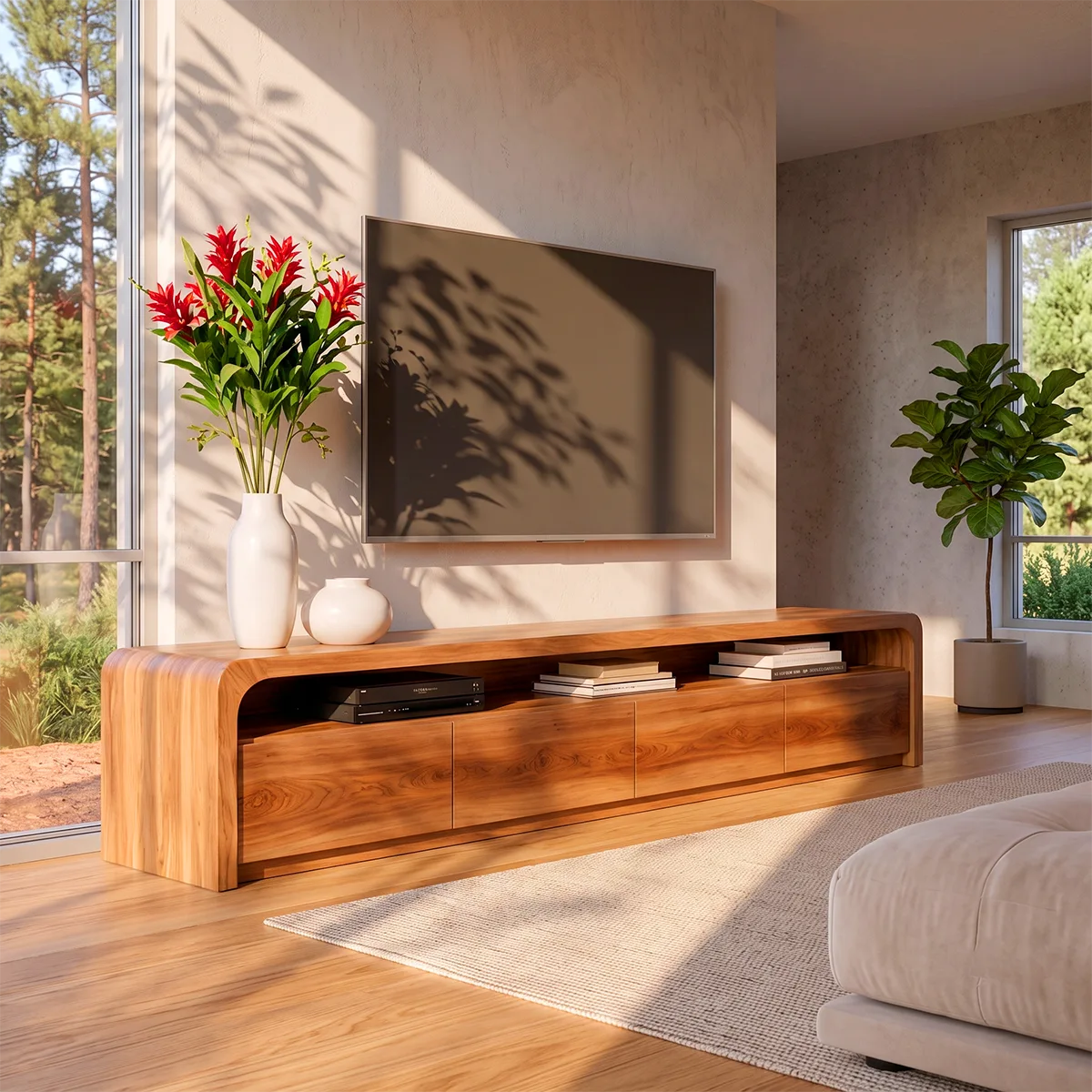 Modern TV Stand with 4 Enclosed Storage Compartments & Long Open Shelf