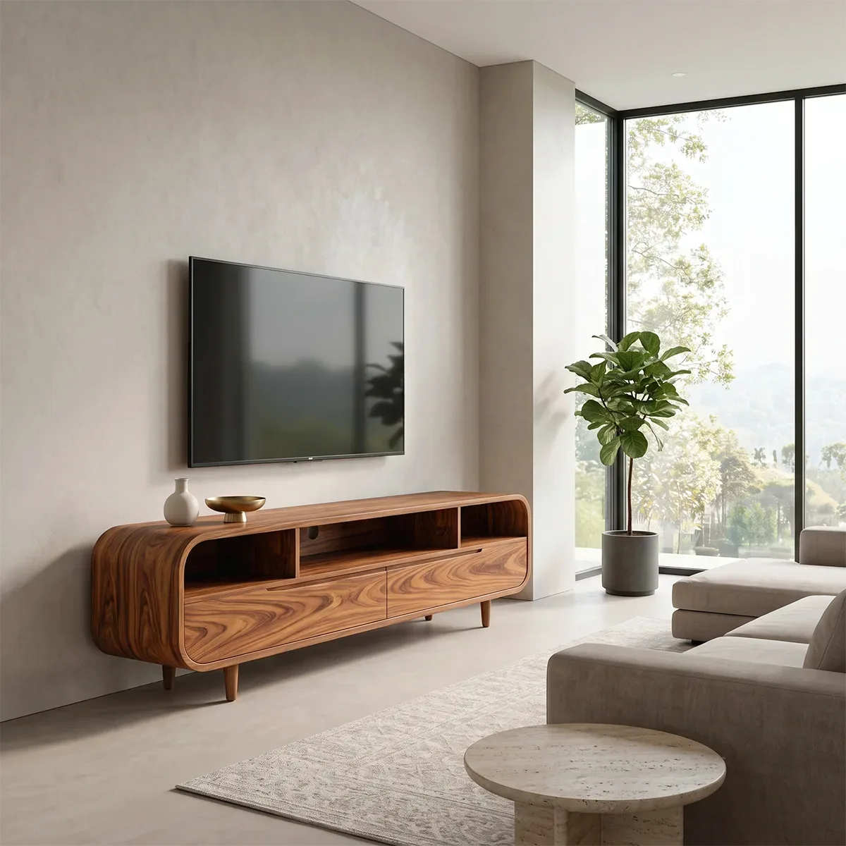 Modern TV Stand with 2 Drawers & Open Storage | Rounded Media Console TH003-5IKK5IP
