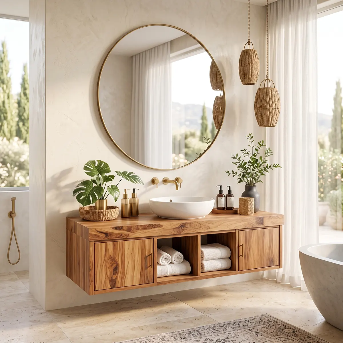 Floating Solid Wood Bathroom Vanity | Modern Bathroom Vanity with Side Cabinets and Open Shelves TT006-6ICG7SP