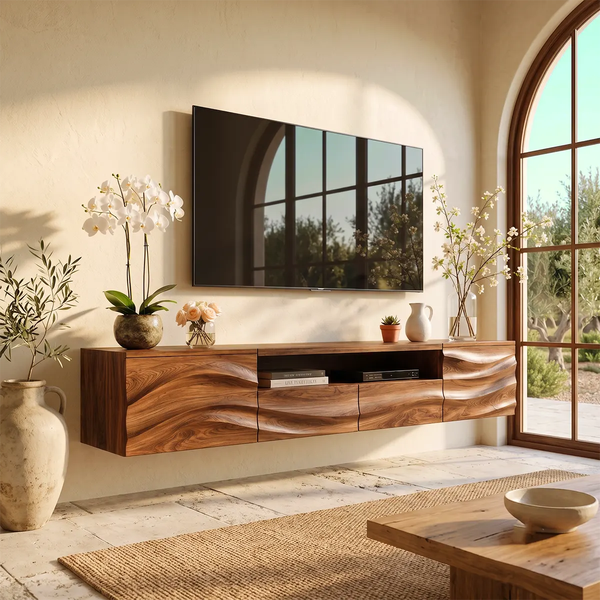 Organic Modern Floating TV Stand with Dual Cabinets, Open Shelf & Double Drawers TT006-5QDJ5ZW