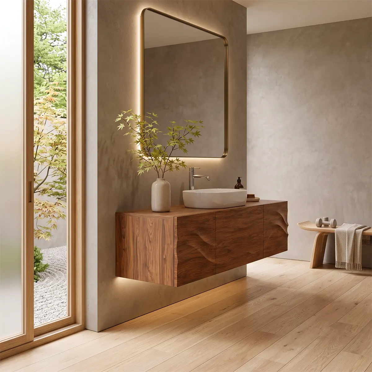 Floating Bathroom Vanity with 3 Doors | Sculpted Wave Front & Handleless Design