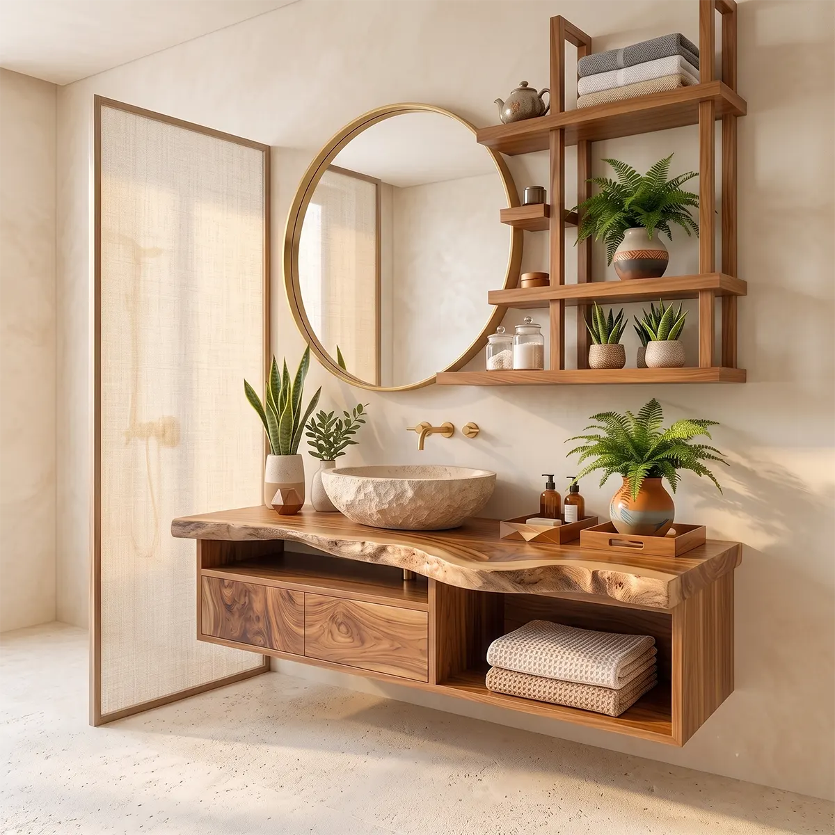 Live Edge Floating Bathroom Vanity with Drawers & Open Shelf | Solid Wood Wall Mounted Bathroom Vanity TT006-9VCQ2QP