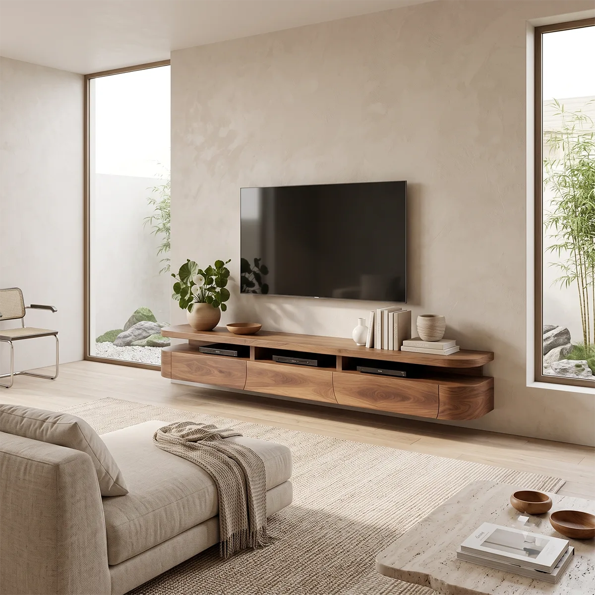 Modern Floating TV Stand with Open Media Shelf & Three Storage Drawers TT006-2WVU2VZ