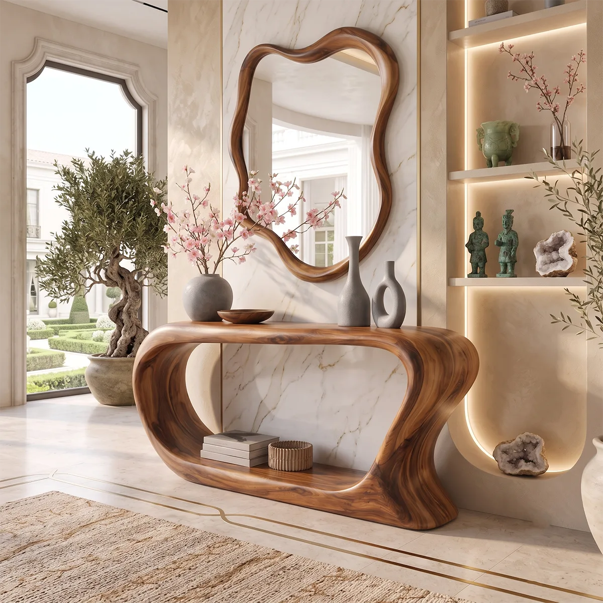 Organic Modern Console Table with Open Shelf & Sculptural Curved Frame for Entryway TT006-6916
