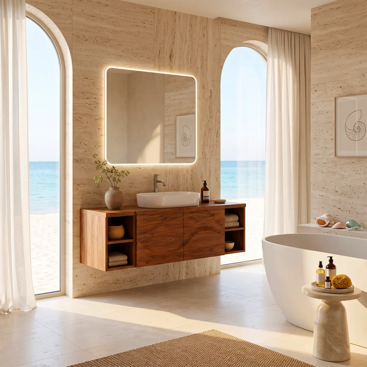 Floating Bathroom Vanity with 2 Carved Wave Doors & 4 Open Storage Compartments