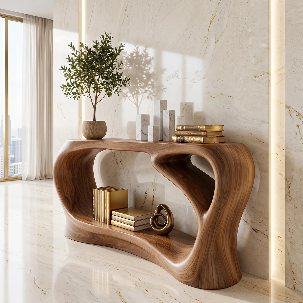 Organic Modern Console Table with Sculptural Open Frame & Display Shelf TT006-1286