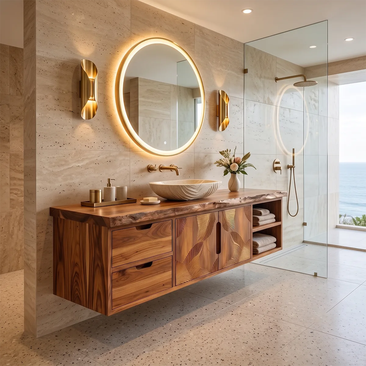 Floating Solid Wood Bathroom Vanity | Modern Bathroom Vanity with Drawers, Cabinet and Open Shelf TT006-6VOS2CB