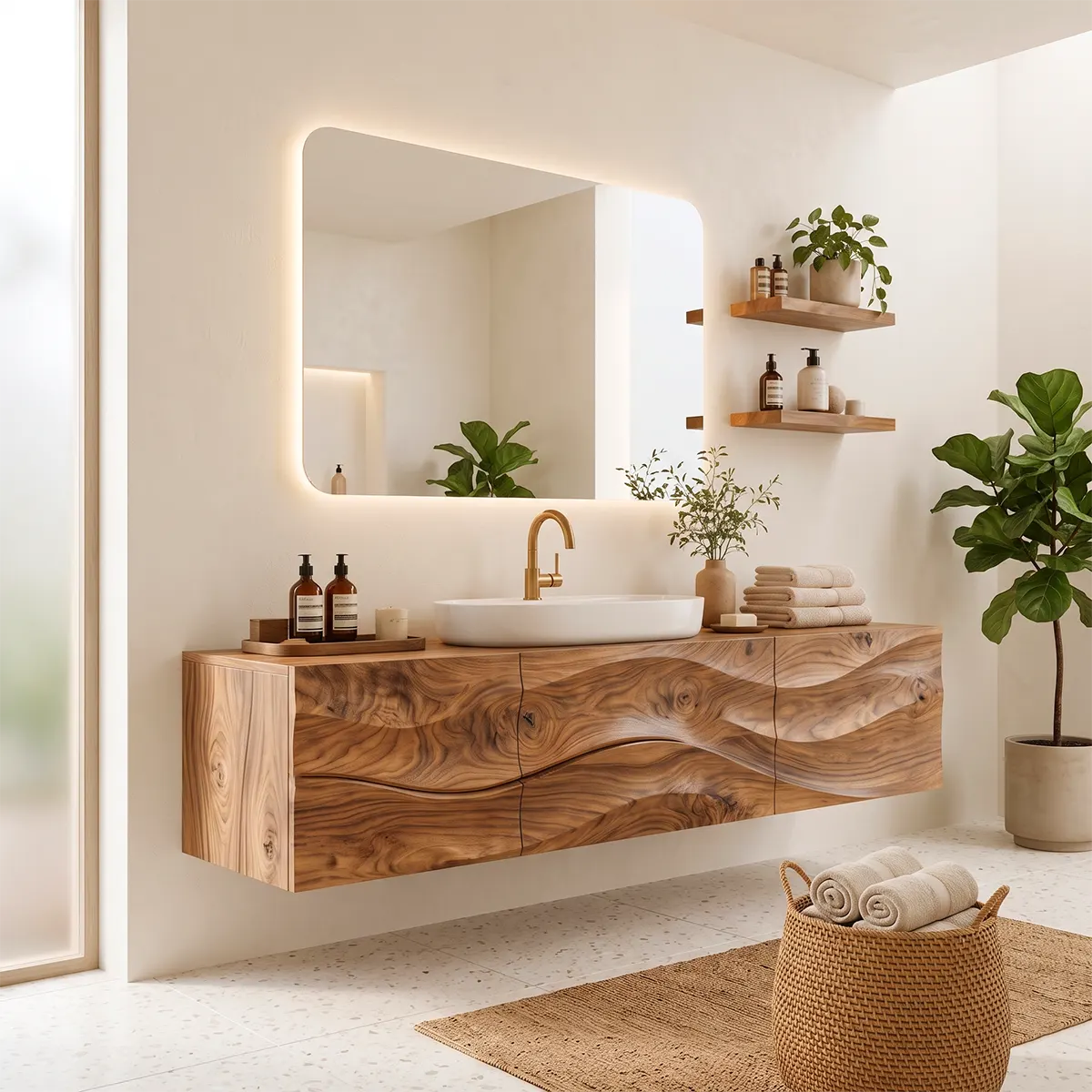 Floating Bathroom Vanity with 3 Doors | Sculpted Wave Front & Handleless Modern Design
