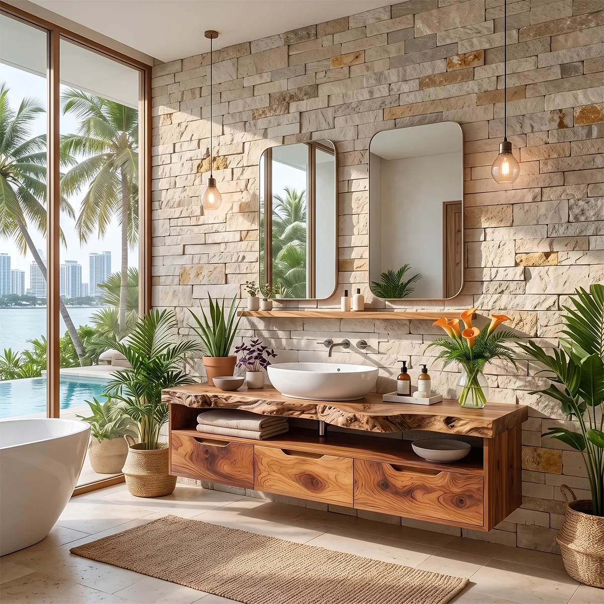 Organic Live Edge Floating Bathroom Vanity with Open Shelf & Drawers TH003-7JMQ3EG