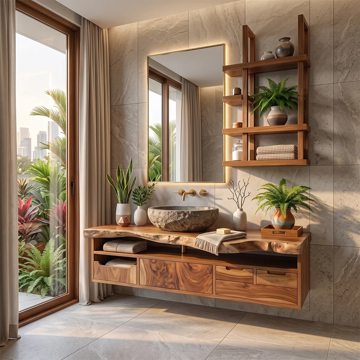 Organic Live Edge Floating Bathroom Vanity with Open Storage & Multi-Drawer Cabinet TH003-3OXF9BY