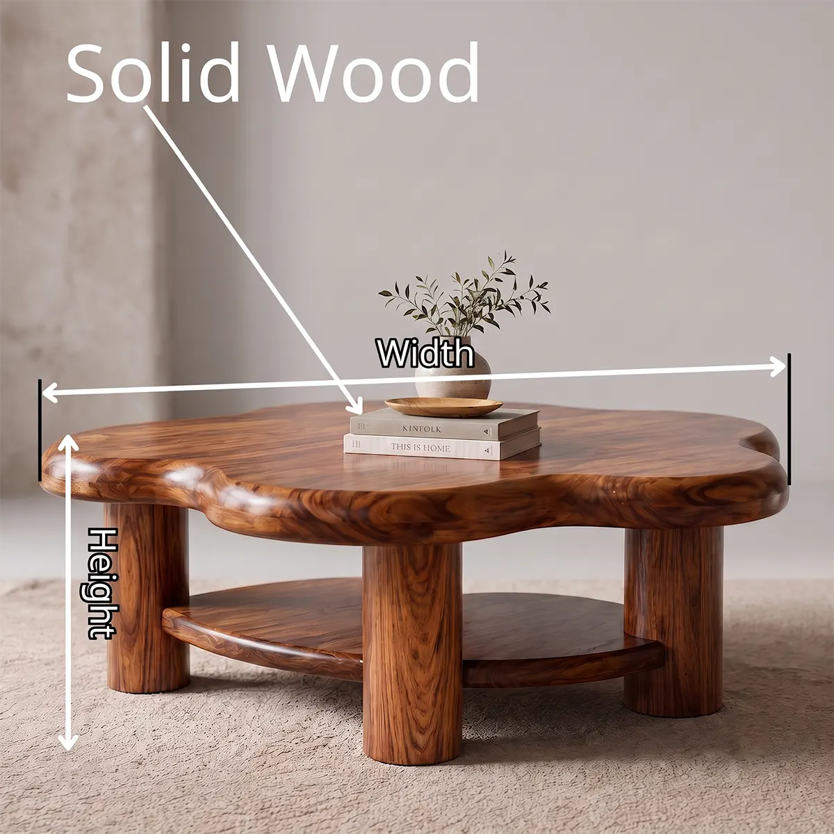 Organic Solid Wood Coffee Table with Storage Shelf | Rustic Modern Living Room Table TT006-5021