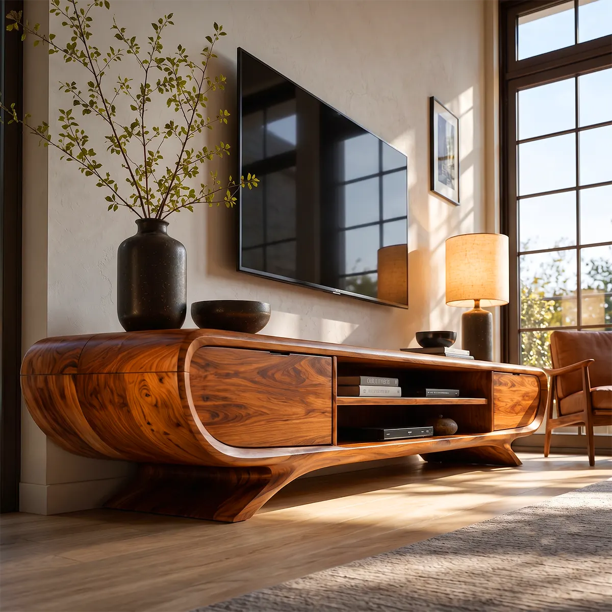 Sculptural Curved TV Stand with Open Media Shelves & Concealed Storage | Modern Entertainment Console