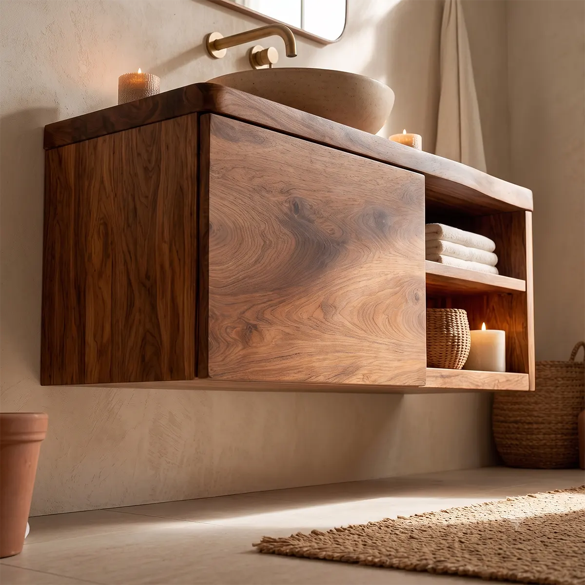 Floating Solid Wood Bathroom Vanity with Single-Door Cabinet & Open Shelves | Wall Mounted Bathroom Vanity with Fixed Storage TT006-5WWS2ST