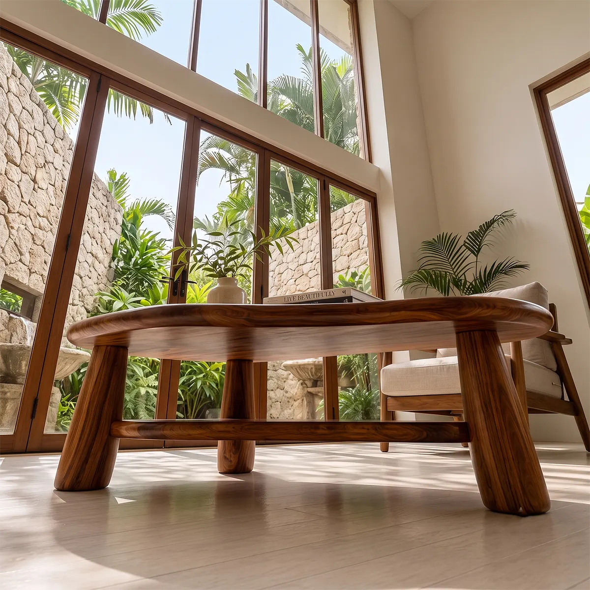 Organic Solid Wood Coffee Table with Storage Shelf | Modern Rustic Living Room Table TT006-2547