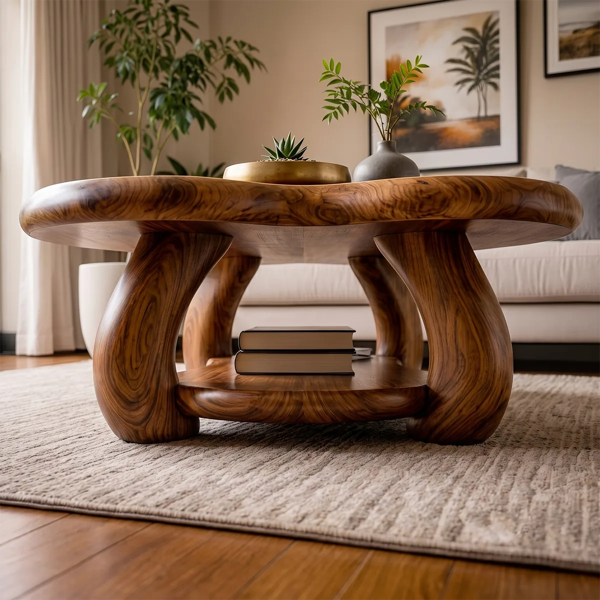 Organic Solid Wood Coffee Table with Storage Shelf | Freeform Modern Center Table TT006-7456