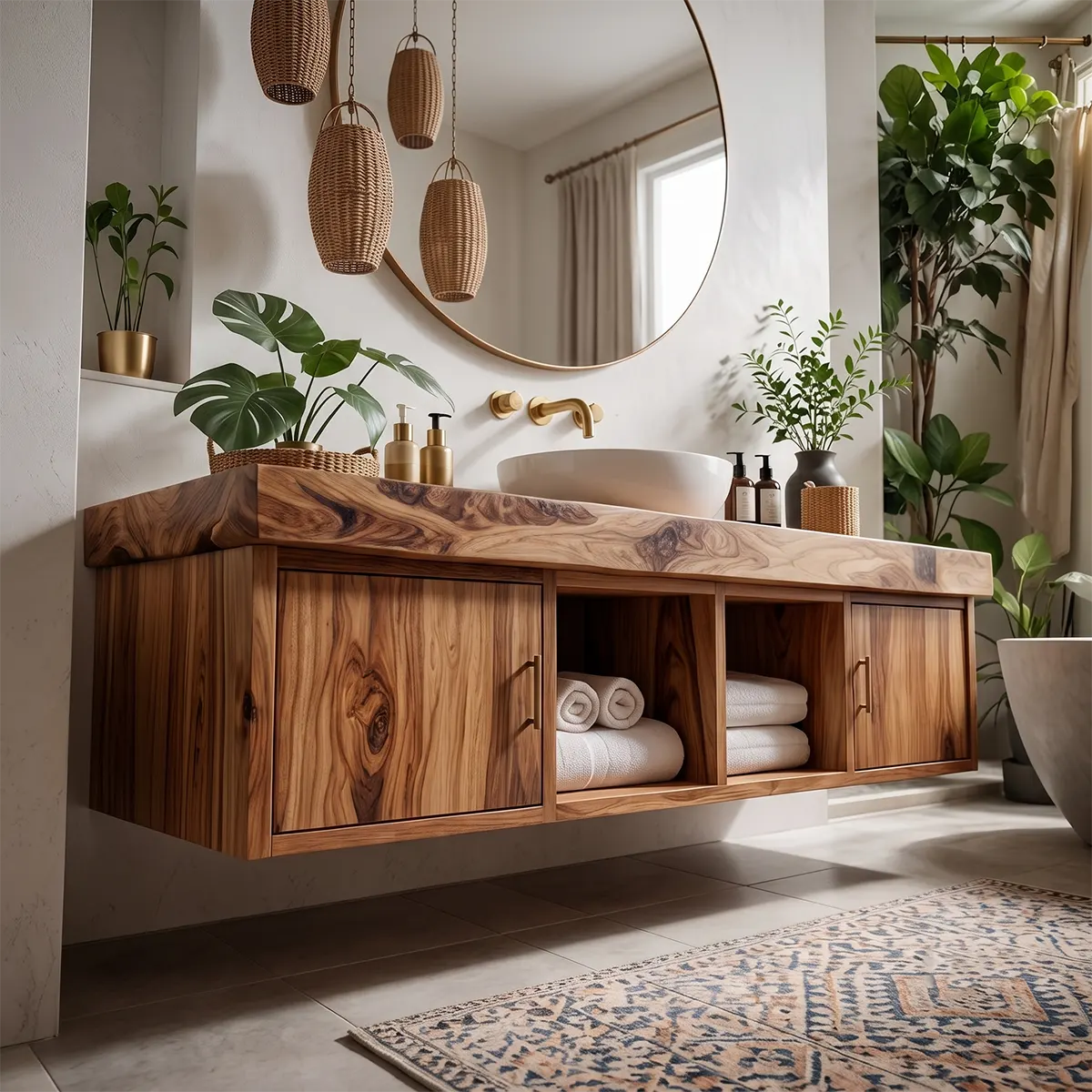 Floating Solid Wood Bathroom Vanity | Modern Bathroom Vanity with Side Cabinets and Open Shelves TT006-6ICG7SP