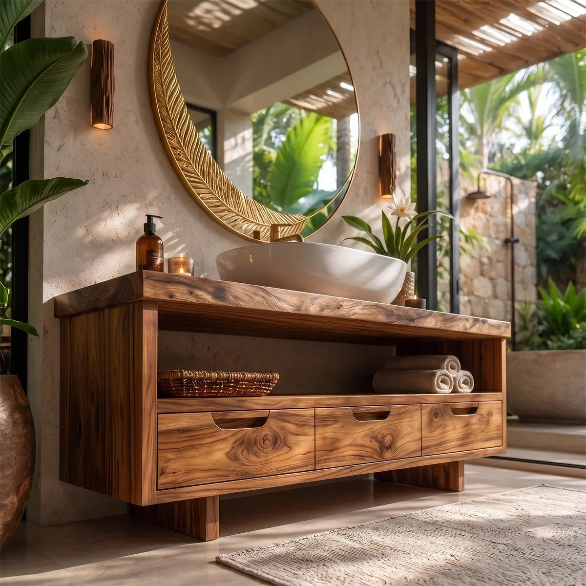 Freestanding Solid Wood Bathroom Vanity | Live Edge Wood Vanity with Open Shelf & Three Drawers TT006-2MDA2PI