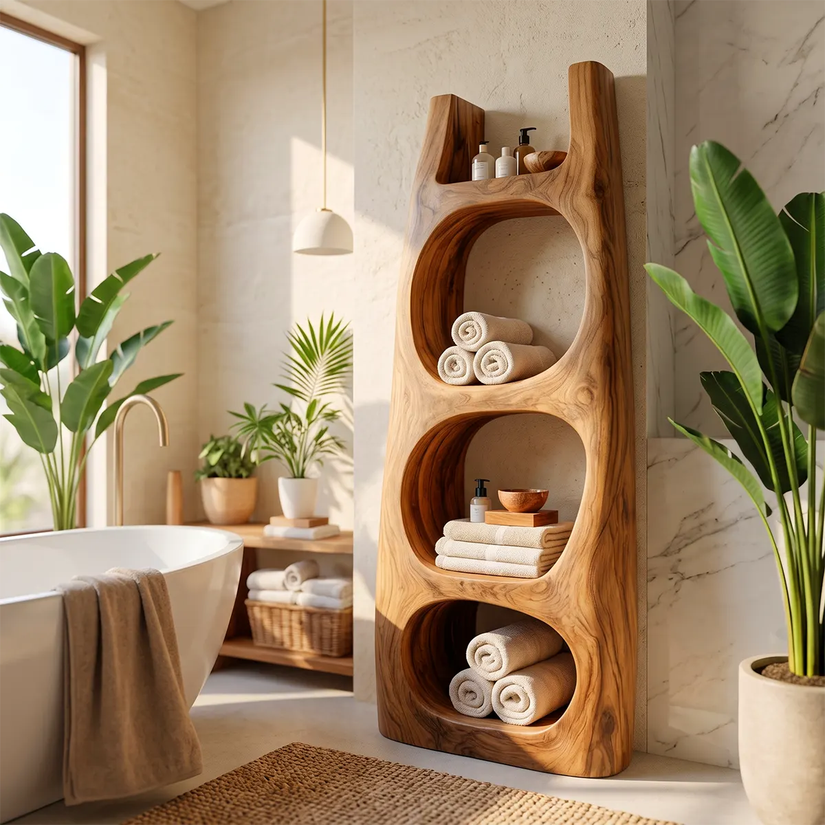Tall Bathroom Storage Cabinet with Open Compartments & Top Shelf | Sculptural Organic Design