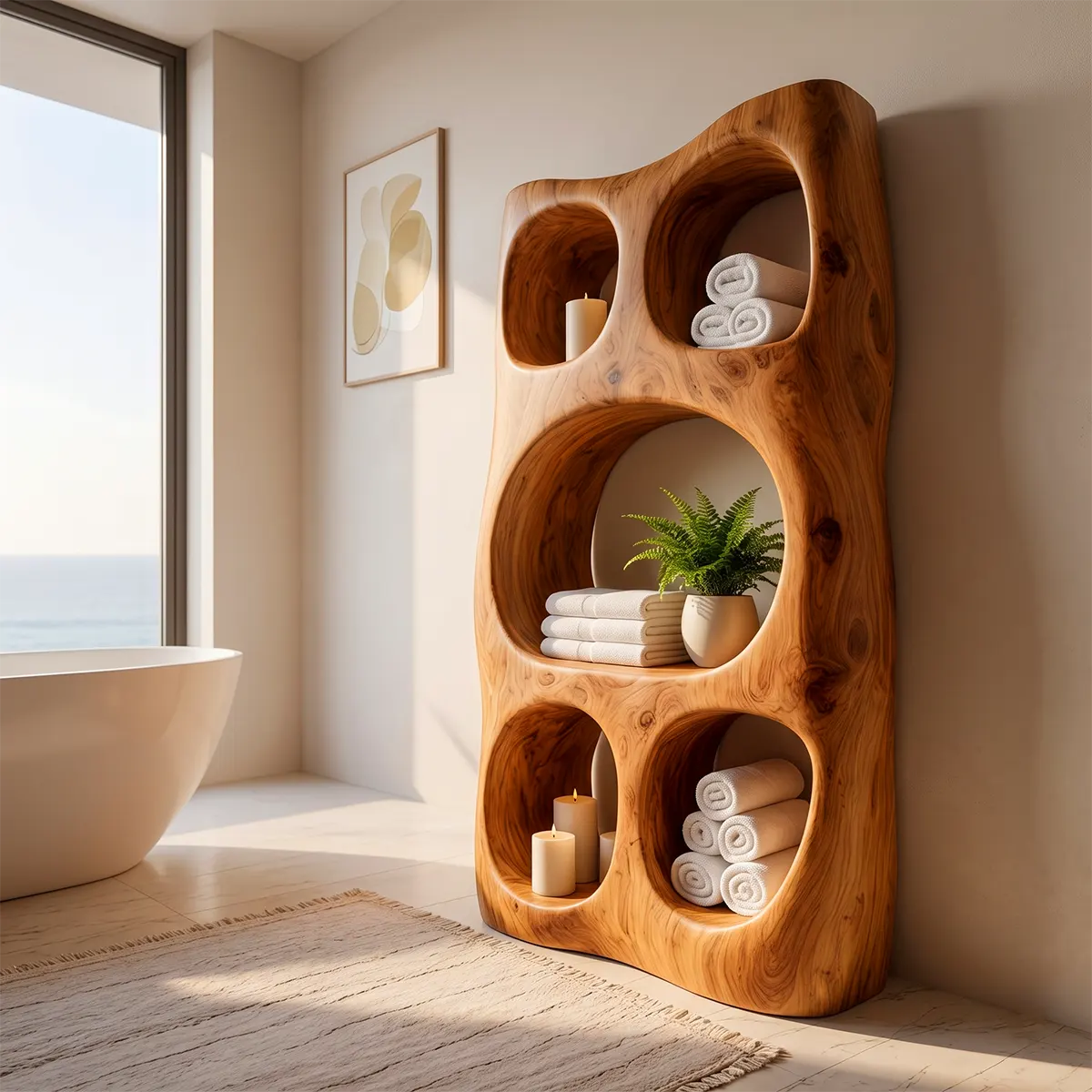Tall Bathroom Storage Cabinet with Open Shelves | Sculptural Organic Modern Storage Tower