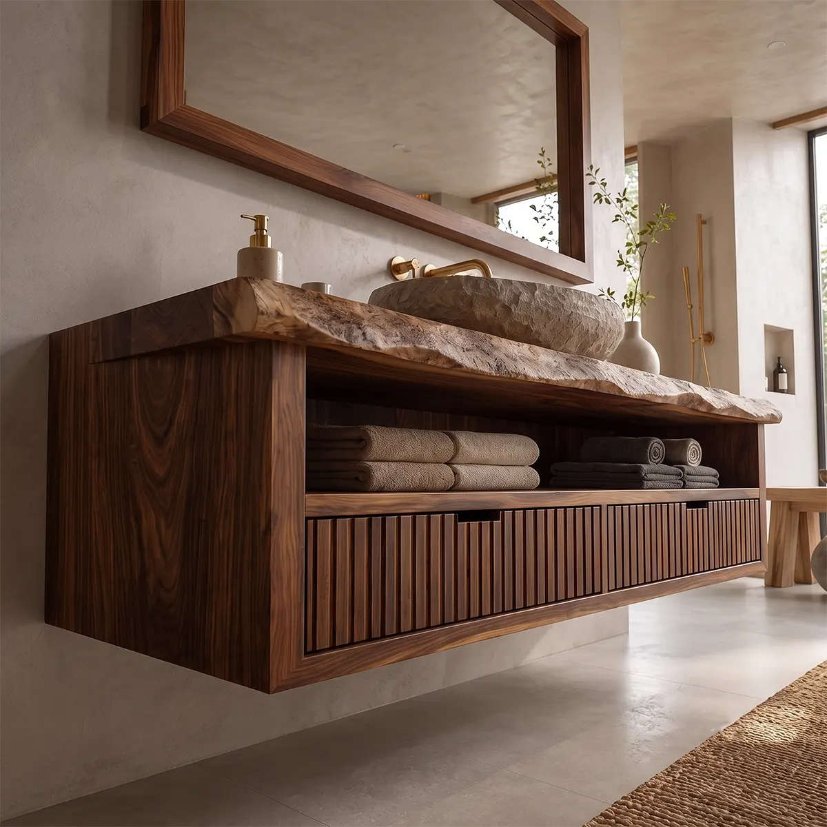 Floating Solid Wood Bathroom Vanity | Live Edge Bathroom Vanity with Fluted Drawers and Open Shelf TT006-8ZMT8QZ