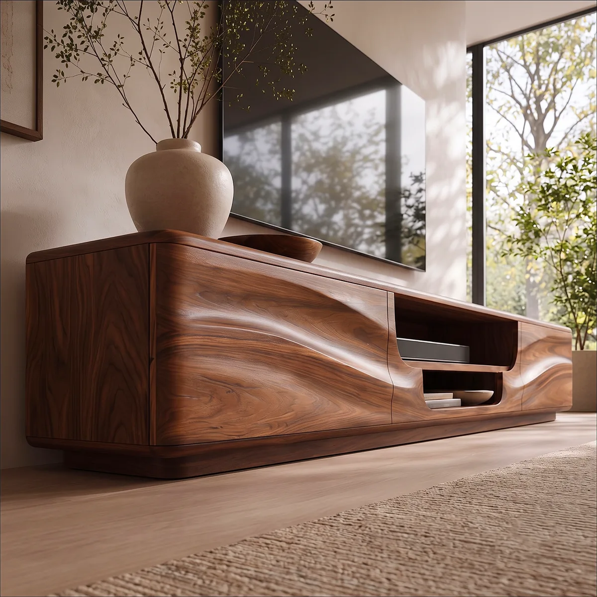 Organic Modern TV Stand with Dual Cabinets & Open Media Shelf | Modern Entertainment Console TT006-7DSN7TR