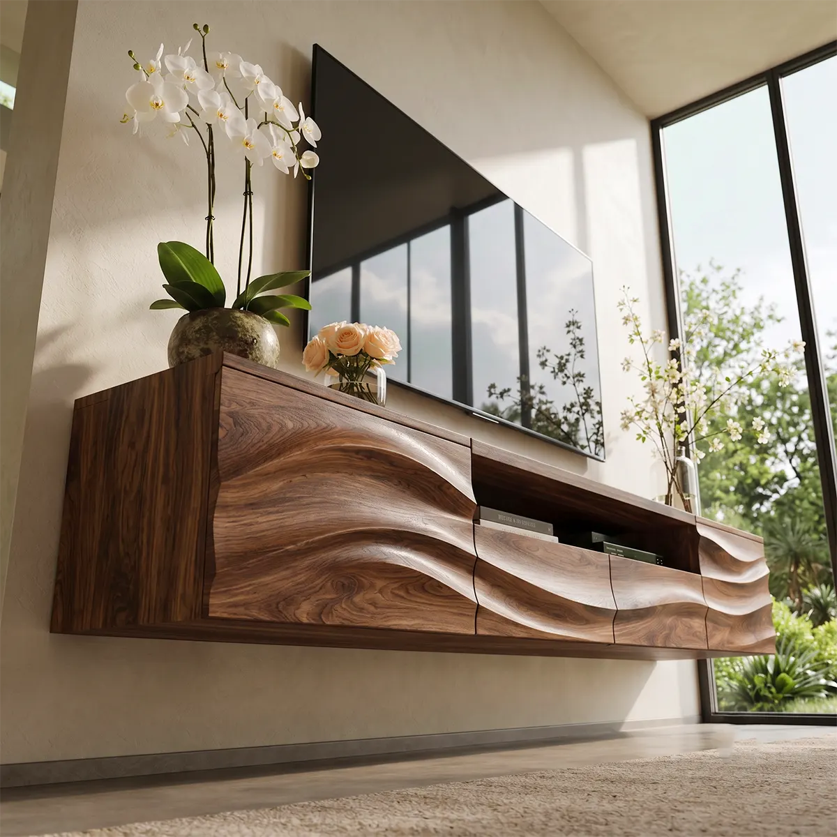 Organic Modern Floating TV Stand with Dual Cabinets, Open Shelf & Double Drawers TT006-5QDJ5ZW