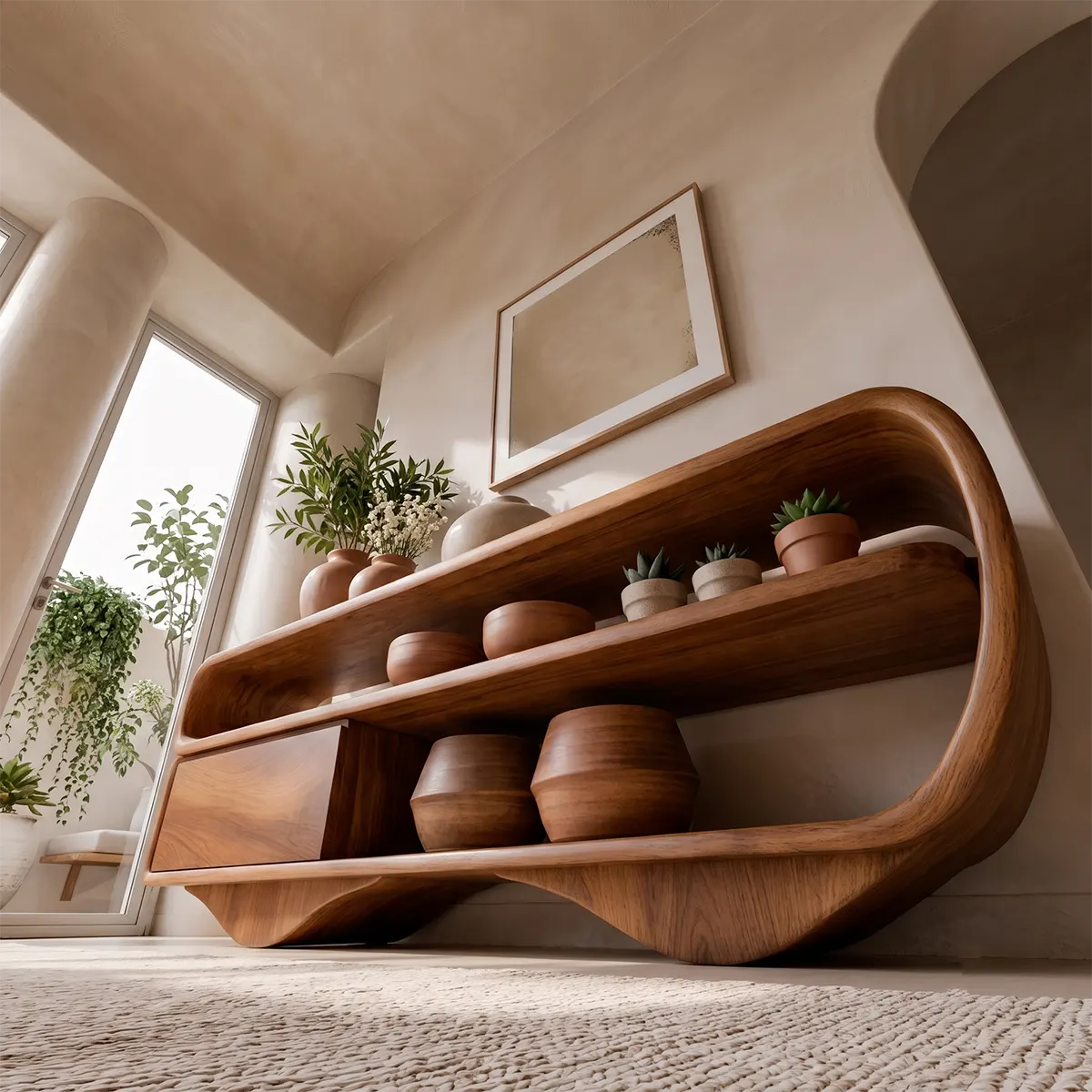 Modern Organic Console Table with Storage Drawer & Open Shelves for Entryway TT006-6372