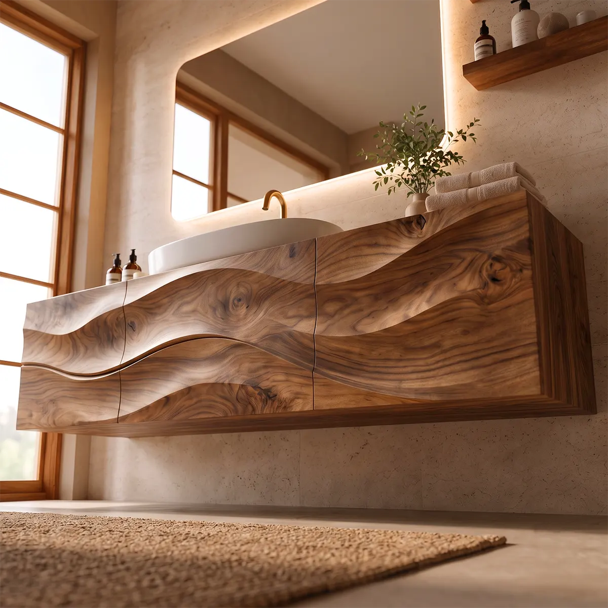 Floating Bathroom Vanity with 3 Doors | Sculpted Wave Front & Handleless Modern Design