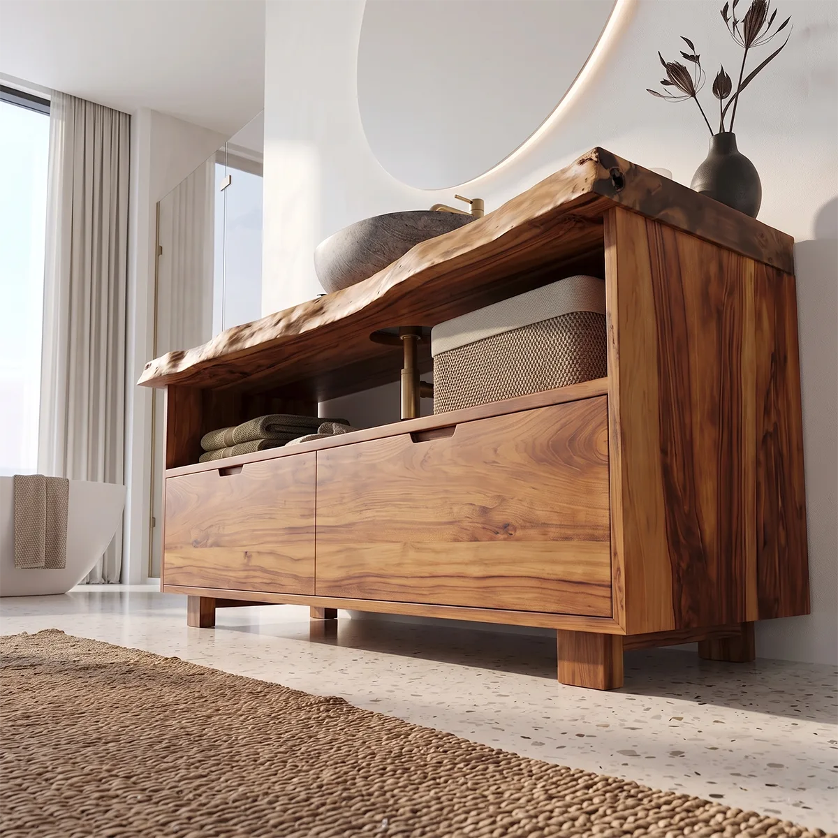 Freestanding Bathroom Vanity with 2 Drawers & Open Shelf | Live Edge Modern Organic Design