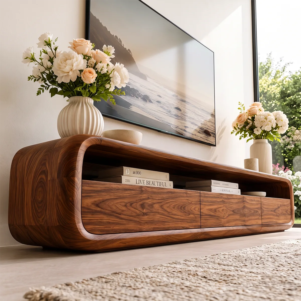 Modern TV Stand with Open Shelf & 3 Drawers | Contemporary Media Console TT006-5GKM4CV