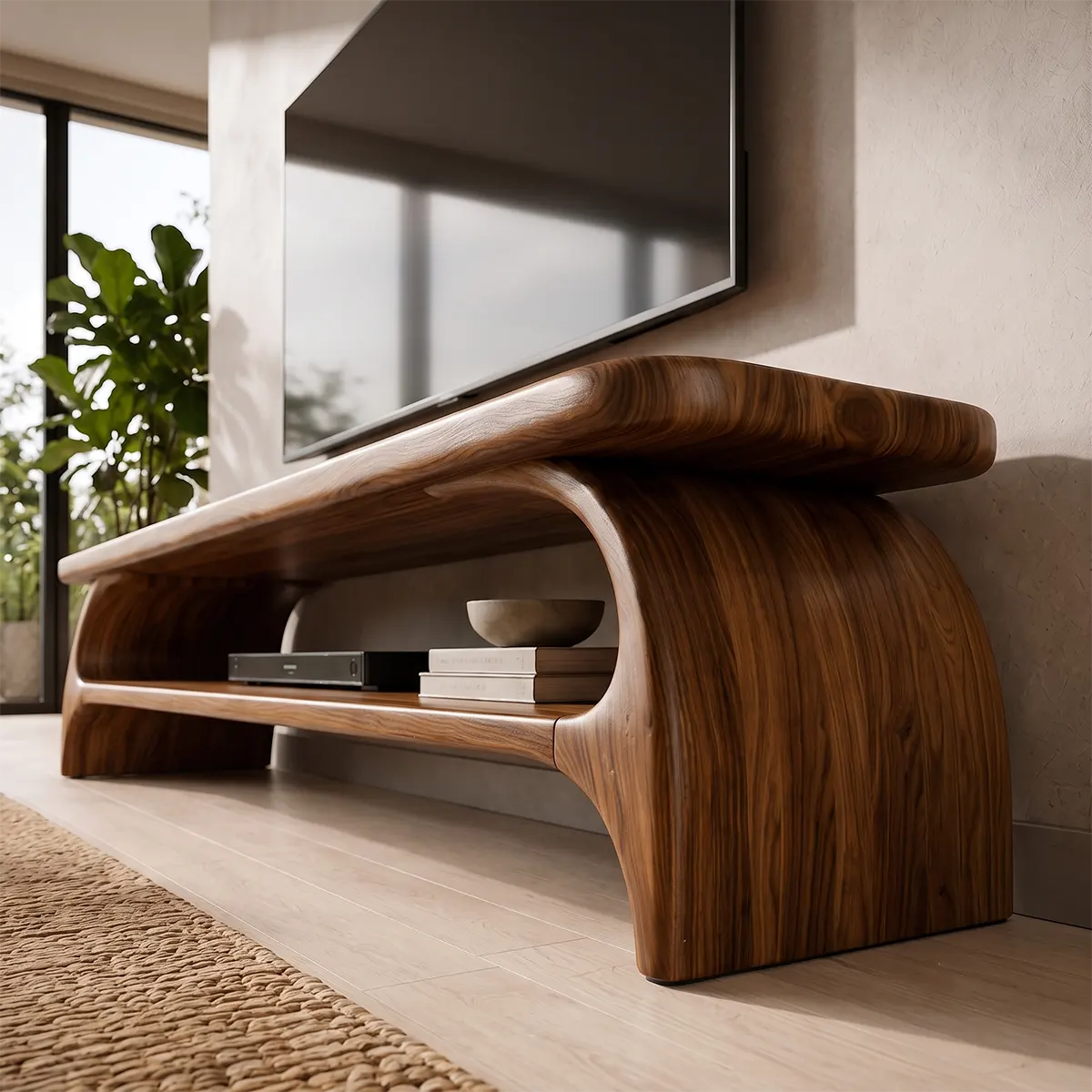 Organic Modern TV Stand with Sculptural Open Shelf & Curved Waterfall Design TT006-2BHV8AL