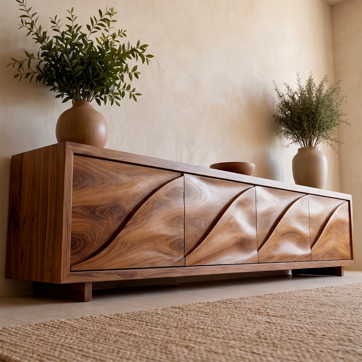 Modern TV Stand with 4 Enclosed Storage Compartments & Sculpted Wave Fronts