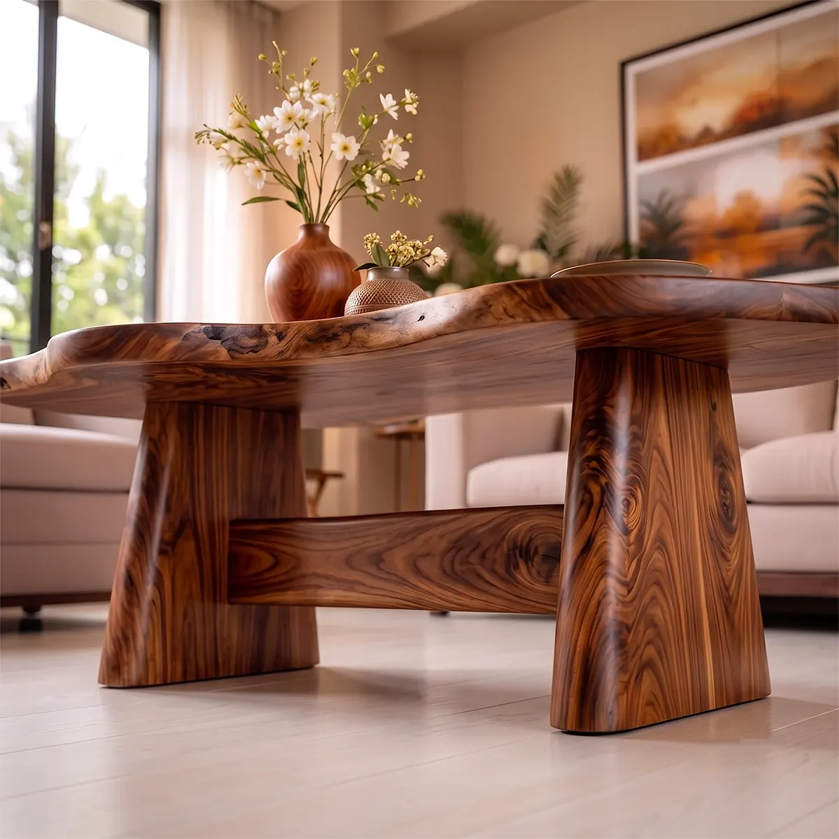 Organic Solid Wood Coffee Table | Live Edge Modern Center Table with Sculptural Base TT006-5632