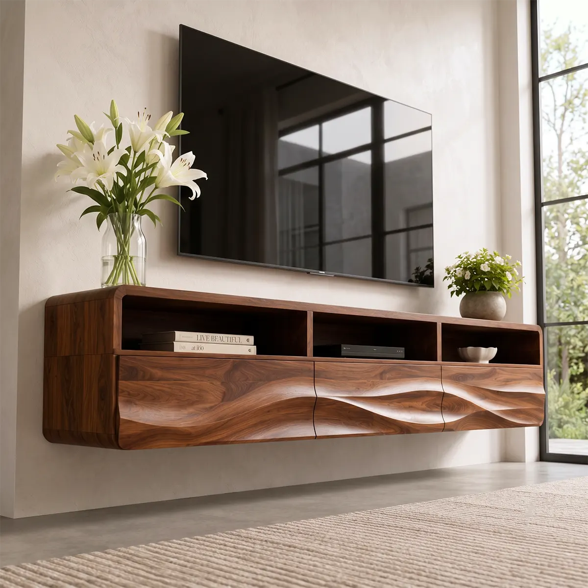 Organic Modern Floating TV Stand with Open Shelving & Three Drawers TT006-8JIK6GK