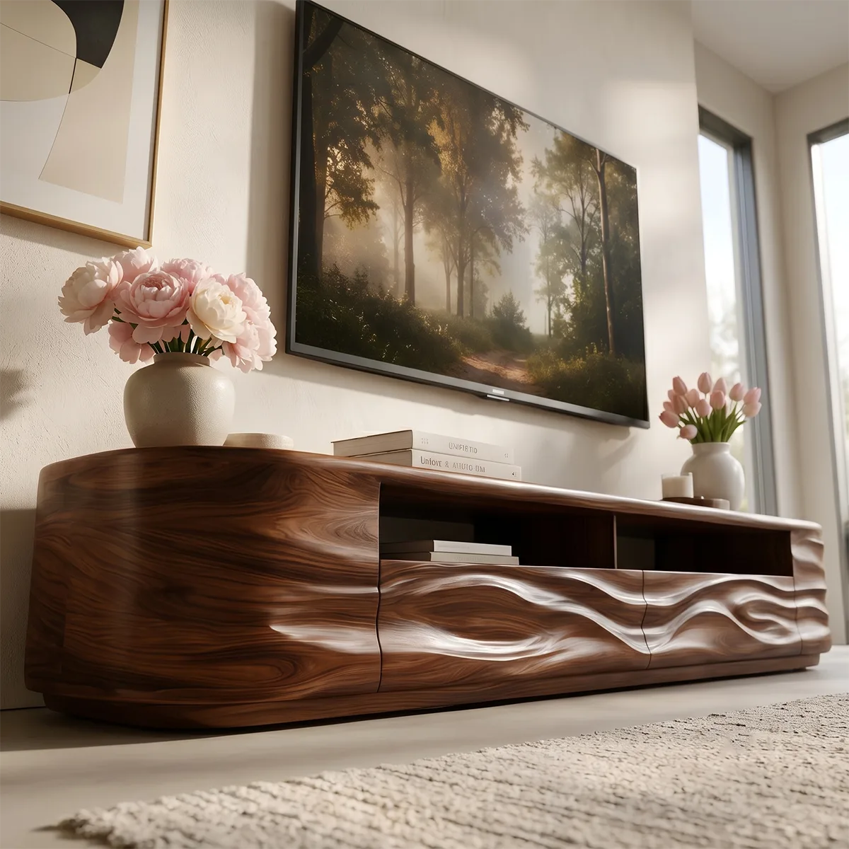 Modern TV Stand with Open Display Shelf & Wave Front Drawers TT006-6OLZ4XW