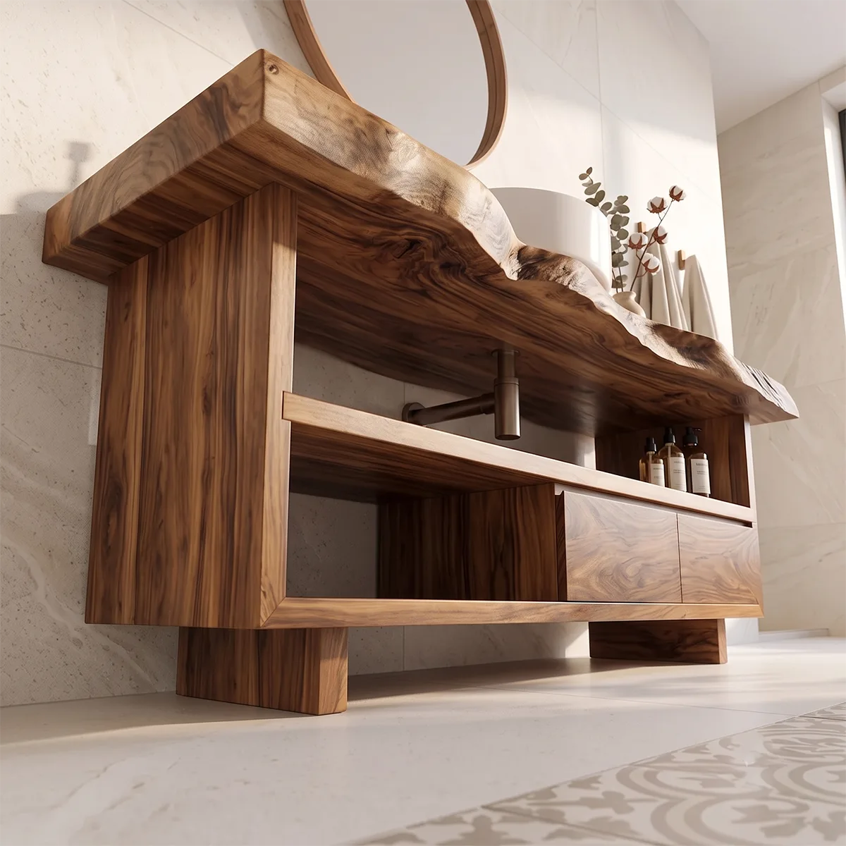 Live Edge Bathroom Vanity with Open Shelf & Drawers | Modern Organic Bathroom Cabinet