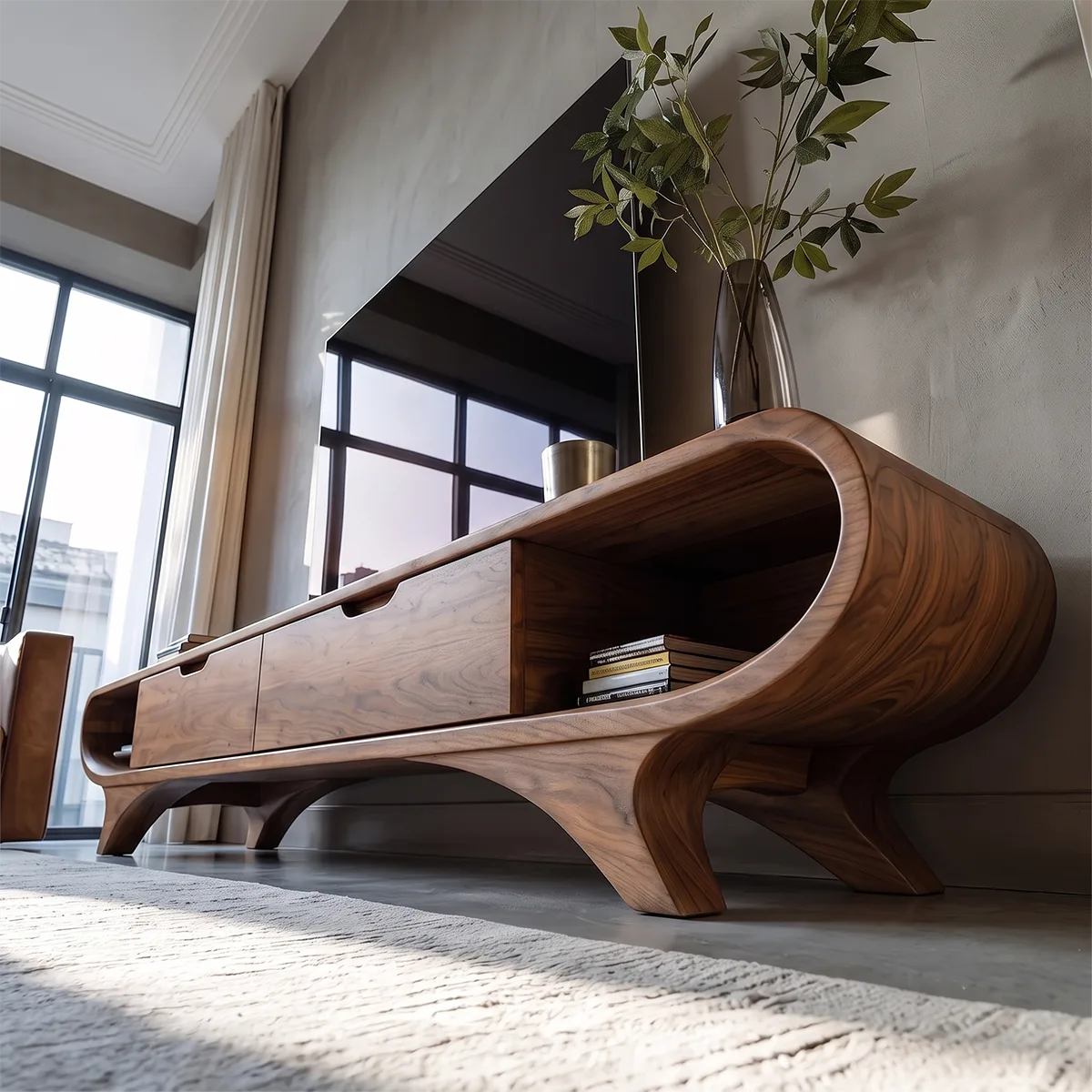 Modern Curved TV Stand with 2 Drawers & Open Side Shelves | Low Profile Media Console