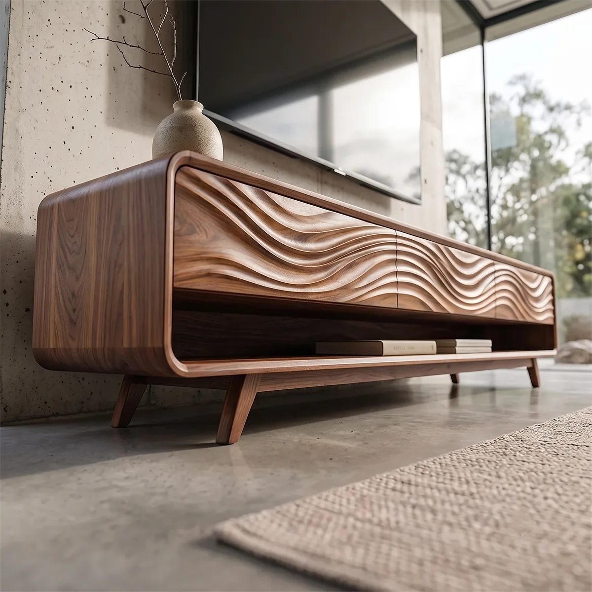 Wave Carved TV Stand with 3 Drawers & Open Shelf | Modern Media Console TH003-7KHK3MC