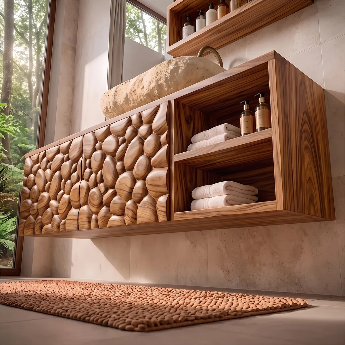Floating Bathroom Vanity with Pebble Carved Doors & Open Side Shelves TH003-6VHK3DD
