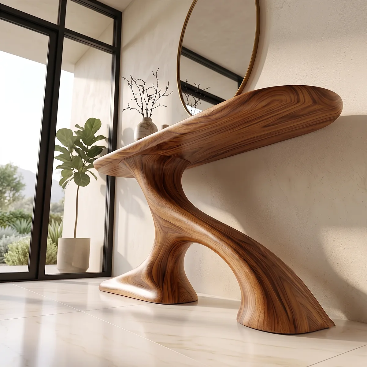 Organic Sculptural Console Table | Modern Entryway Console Table with Flowing Curved Pedestal Base TH003-9707