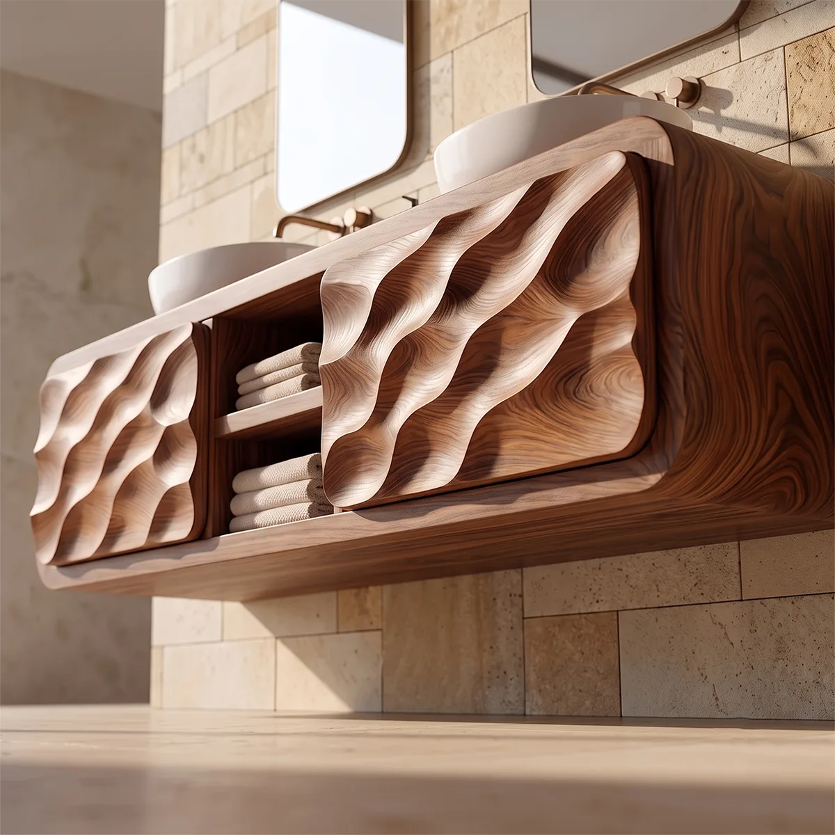 Modern Floating Bathroom Vanity with Wave Carved Doors & Center Open Shelves TH003-3UED6AZ