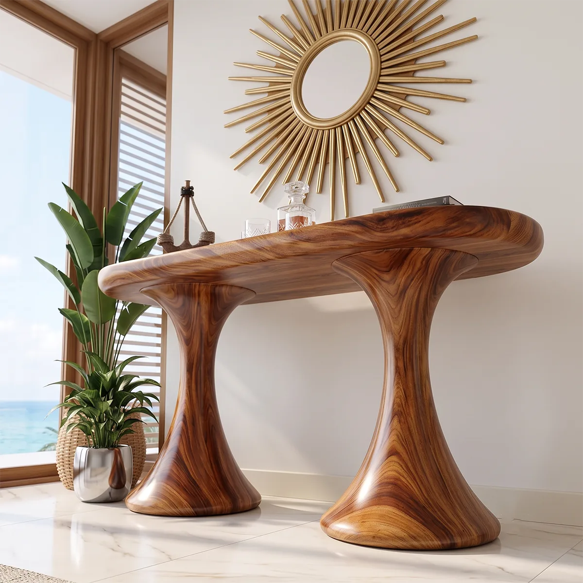 Modern Pedestal Console Table | Sculptural Entryway Console Table with Dual Curved Base TH003-6622