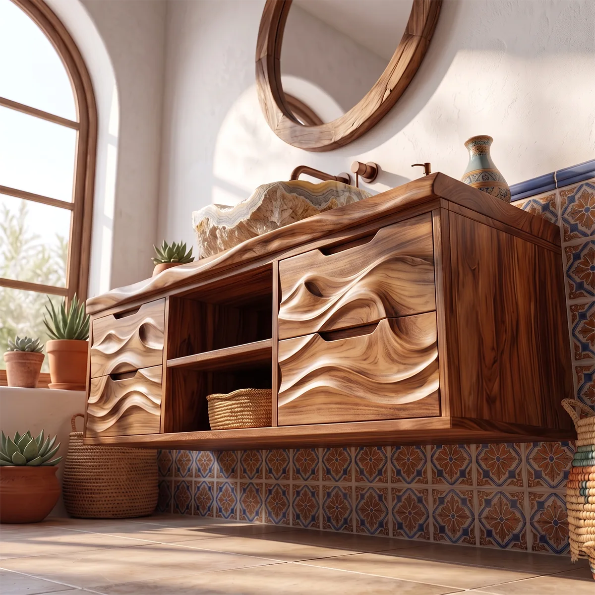 Organic Floating Bathroom Vanity with Cabinets, Open Shelves & Sculpted Wave Front TH003-7IJS3HC