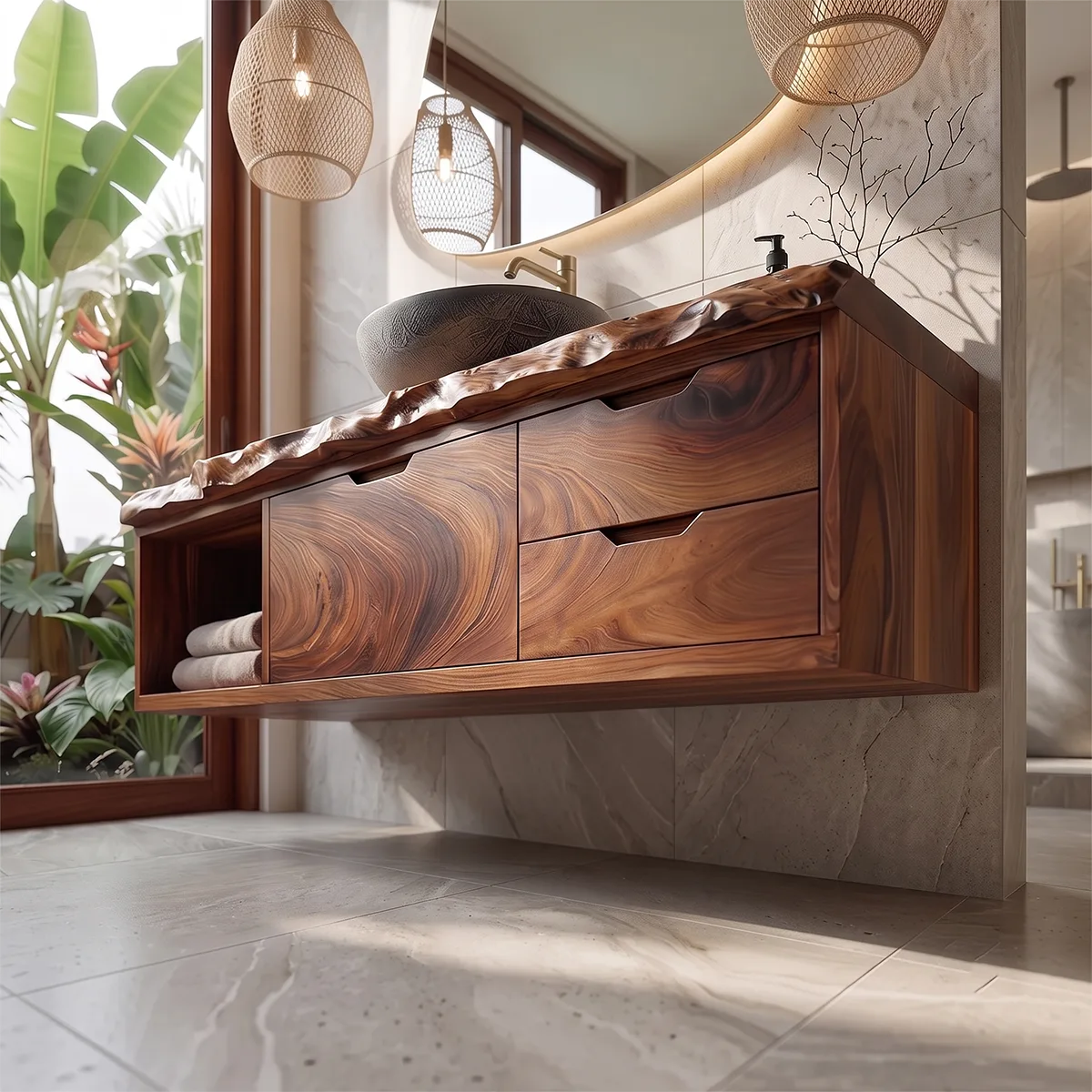 Floating Bathroom Vanity with Cabinet, Two Drawers & Open Shelf | Modern Live Edge Bathroom Vanity TH003-4SBL5MC